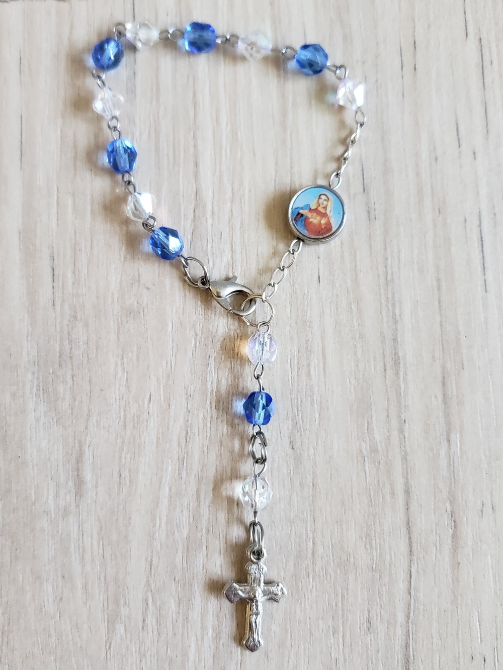 Blue and Clear Crystal Rosary‎ Bracelet with Cross